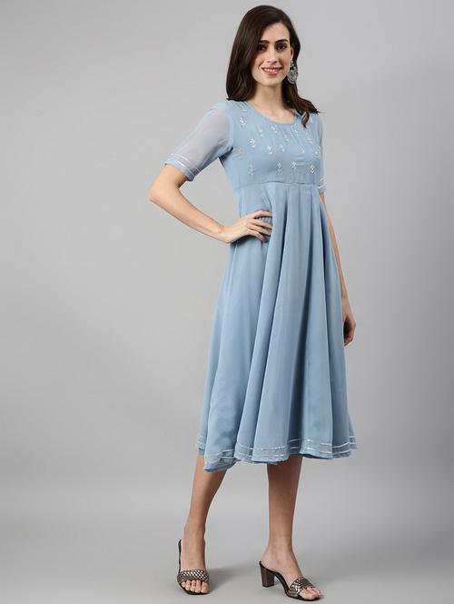 light blue georgette flared ethnic dress - 18801028 - Very Small Image - 1
