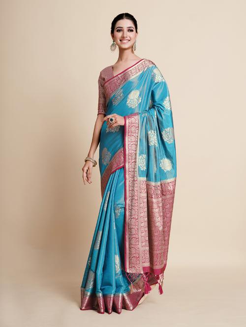 turquoise art silk kanjivaram saree with blouse - 18801387 - Very Small Image - 1