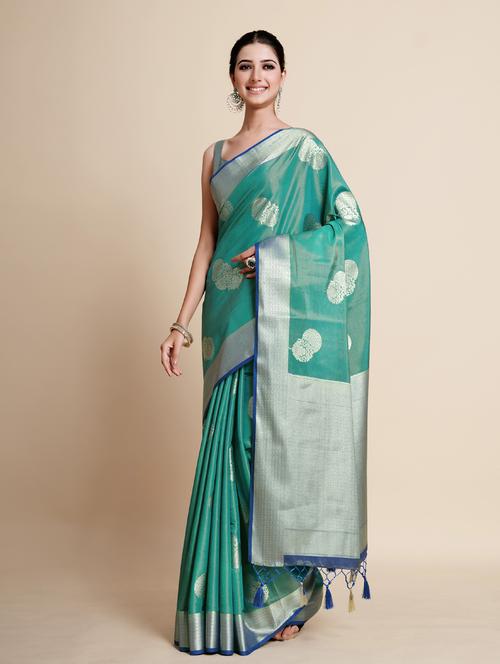 turquoise art silk kanjivaram saree with blouse - 18801399 - Very Small Image - 1