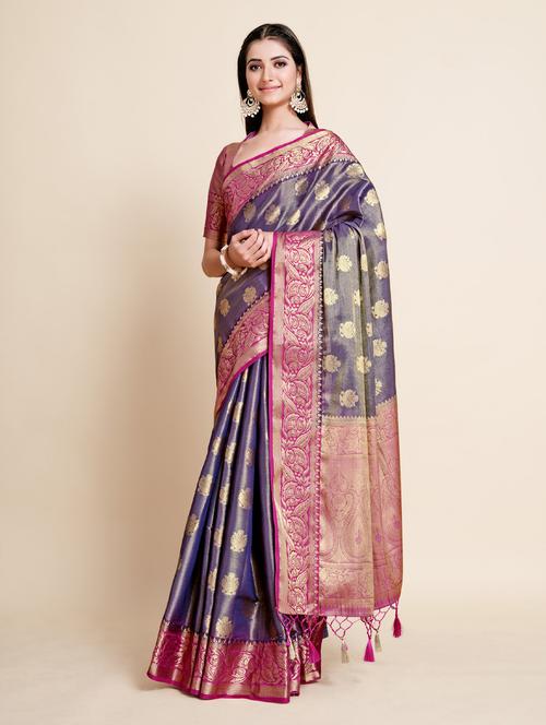 women's self design dark blue colored saree with blouse - 18801417 - Very Small Image - 1