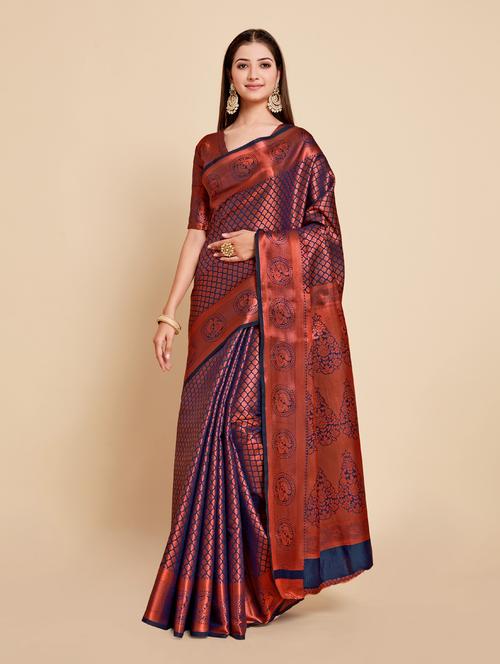 dark blue art silk kanjivaram saree with blouse - 18801450 - Very Small Image - 1