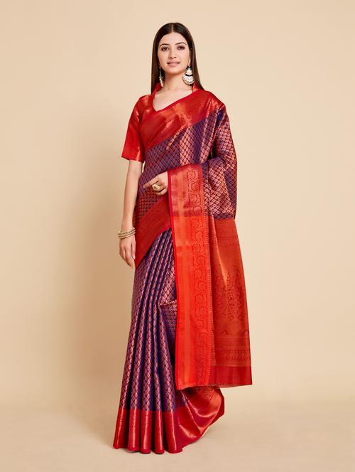dark blue art silk kanjivaram saree with blouse - 18801460 - Very Small Image - 1