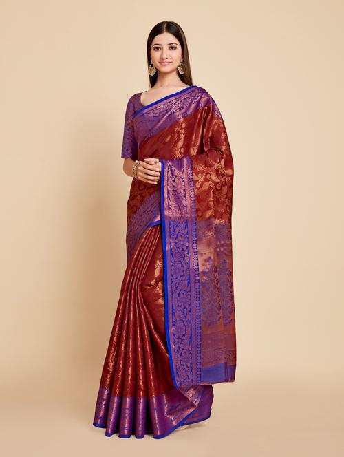 maroon art silk kanjivaram saree with blouse - 18801462 - Very Small Image - 1