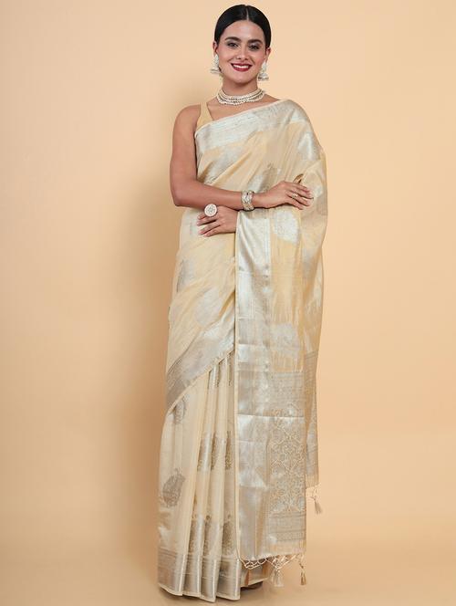 women's floral cream colored saree with blouse - 18801470 - Very Small Image - 1
