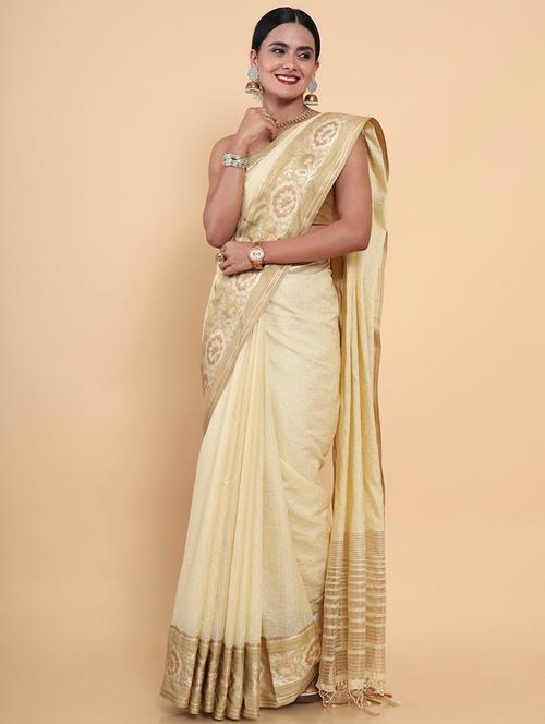 cream linen kasavu saree with blouse - 18801474 - Very Small Image - 1