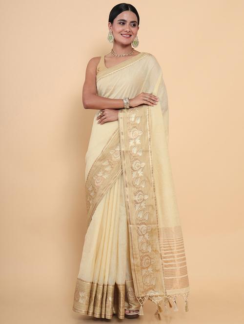 cream linen kasavu saree - 18801475 - Very Small Image - 1