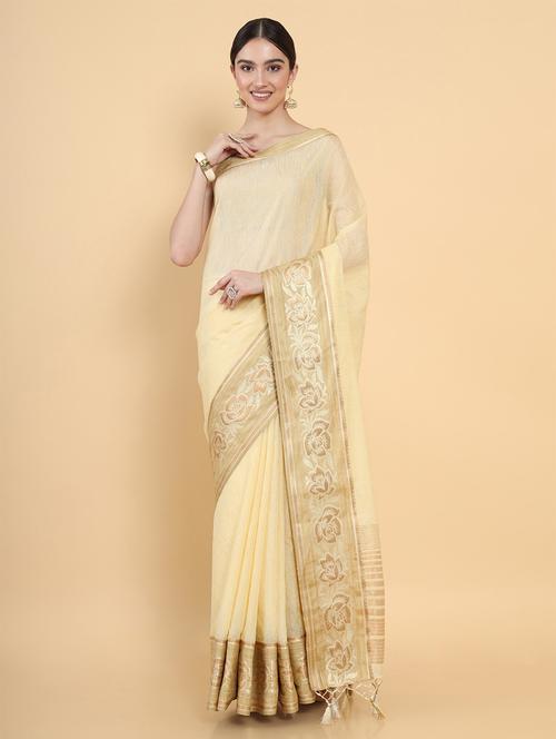 cream linen kasavu saree - 18801476 - Very Small Image - 1