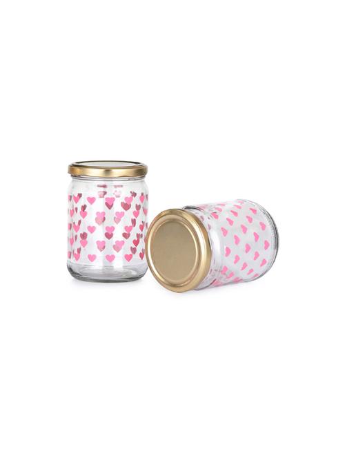 lovely heart printad glass storage container, airtight metal cap, 500ml, pack of 2 - 18807447 - Very Small Image - 1