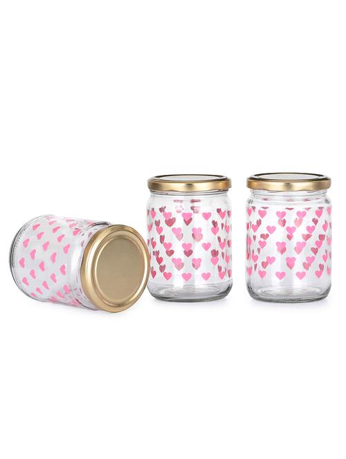 lovely heart printad glass storage container, airtight metal cap, 500ml, pack of 3 - 18807448 - Very Small Image - 1