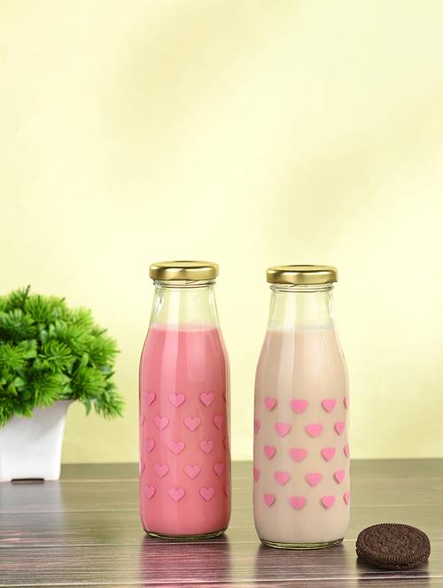 lovely heart glass water/milk bottle, metal metal cap, 300ml, pack of 3 - 18807454 - Very Small Image - 1