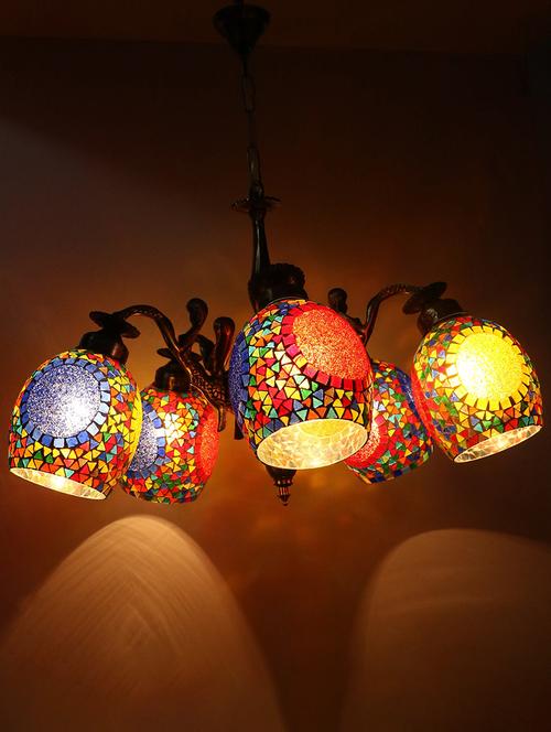 stylish designer pendent ceiling chandeliers jhoomer of 5 colorful lamp shade - 18808284 - Very Small Image - 1