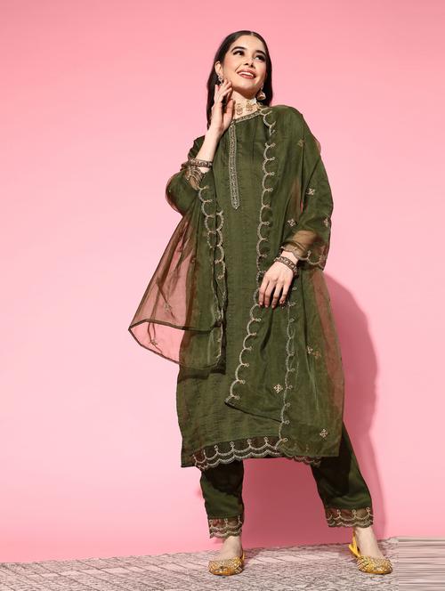 olive silk kurta pant set - 18823048 - Very Small Image - 1