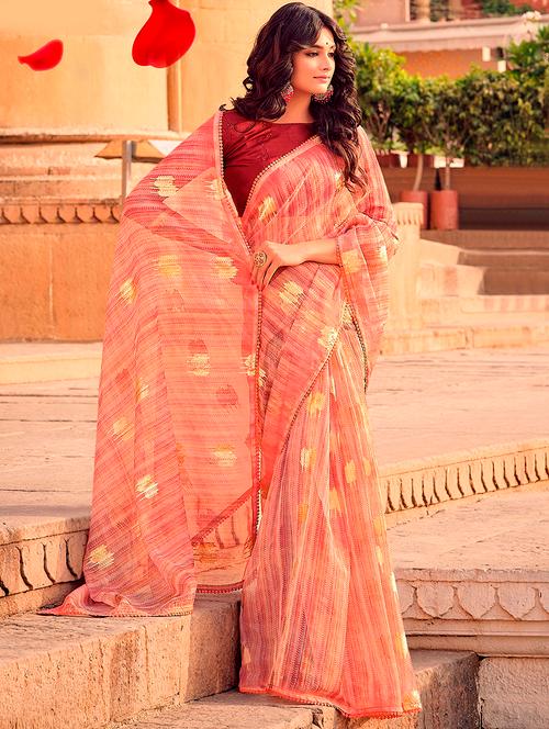 peach organza printed saree - 18824401 - Very Small Image - 1