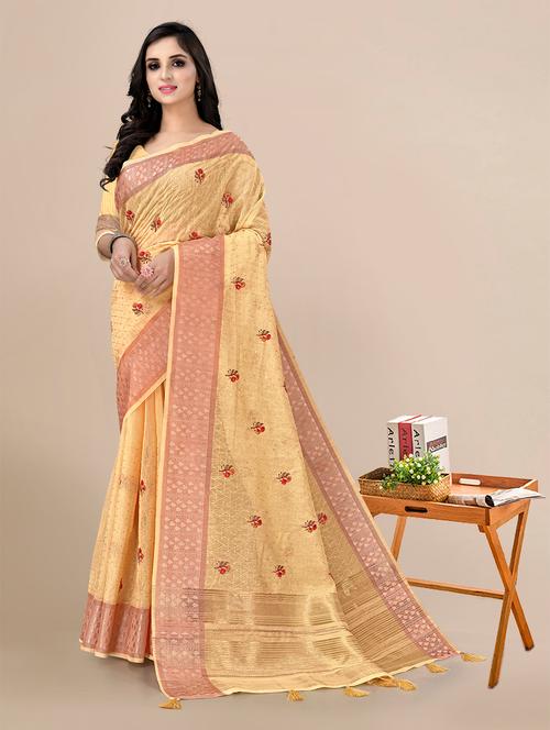 yellow linen banarasi saree with blouse - 18841930 - Very Small Image - 1