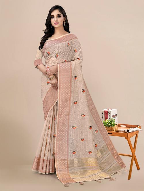 beige linen banarasi saree with blouse - 18841931 - Very Small Image - 1