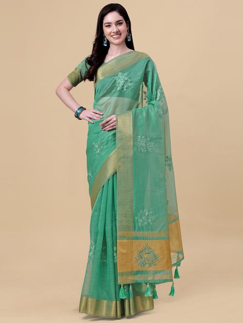 turquoise organza embroidered saree with blouse - 18841954 - Very Small Image - 1