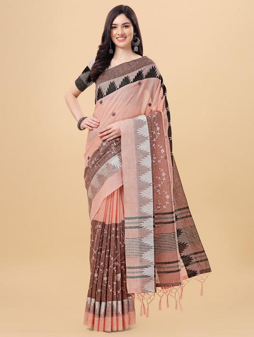 peach linen banarasi saree with blouse - 18841981 - Very Small Image - 1