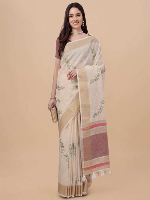 cream linen banarasi saree with blouse - 18842007 - Very Small Image - 1