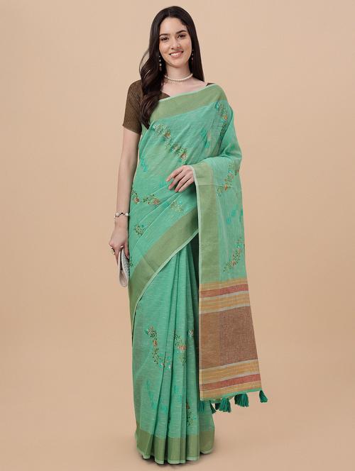 turquoise linen banarasi saree - 18842011 - Very Small Image - 1