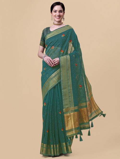 turquoise linen banarasi saree - 18842038 - Very Small Image - 1