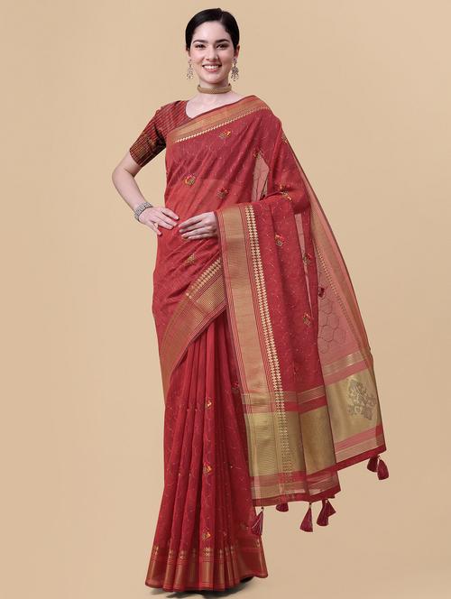 red linen banarasi saree with blouse - 18842039 - Very Small Image - 1
