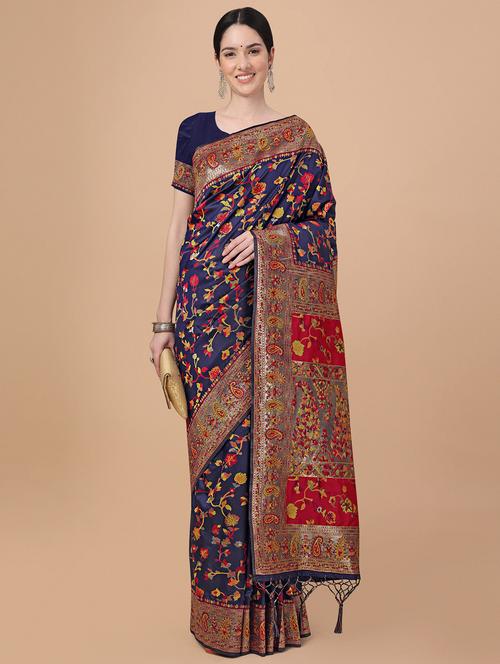 navy silk banarasi saree with blouse - 18842043 - Very Small Image - 1
