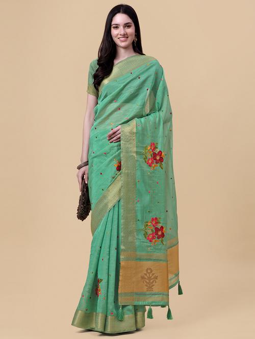 green organza embroidered saree with blouse - 18842055 - Very Small Image - 1