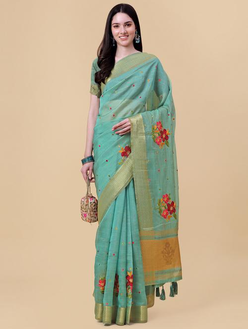 turquoise organza embroidered saree - 18842059 - Very Small Image - 1