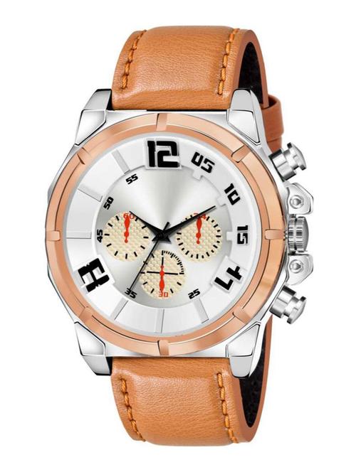 fashion c_12_men white dial three round design dial beige strap premium quality designer fashion for men analog watch - 18844355 - Very Small Image - 1