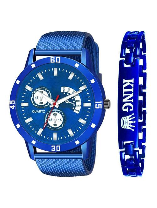 combo of blue dial pu belt watch and king bracelet analog watch - 18844401 - Very Small Image - 1
