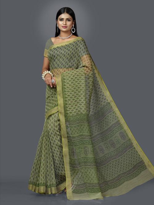 green cotton blend printed saree with blouse - 18854804 - Very Small Image - 1
