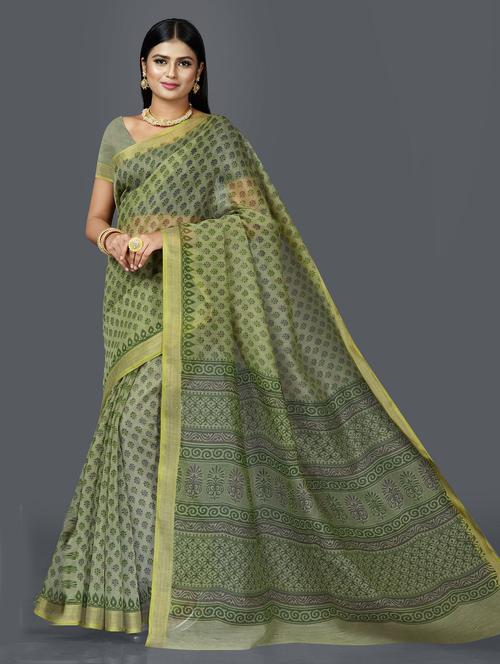 green cotton blend printed saree with blouse - 18854808 - Very Small Image - 1