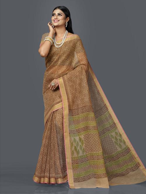 brown cotton blend printed saree - 18854815 - Very Small Image - 1