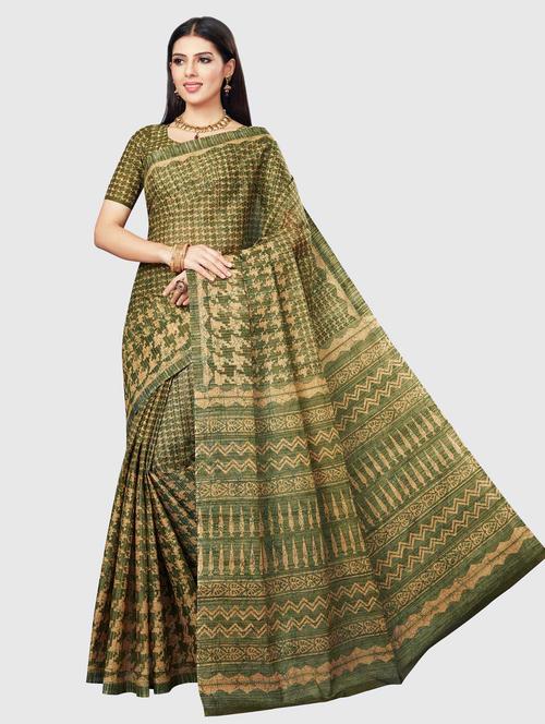 women's printed olive colored saree with blouse - 18854822 - Very Small Image - 1
