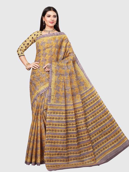 women's printed mustard colored saree with blouse - 18854828 - Very Small Image - 1