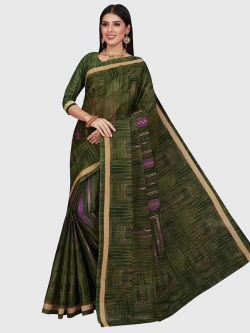 women's geometric olive colored saree with blouse - 18854875 - Very Small Image - 1