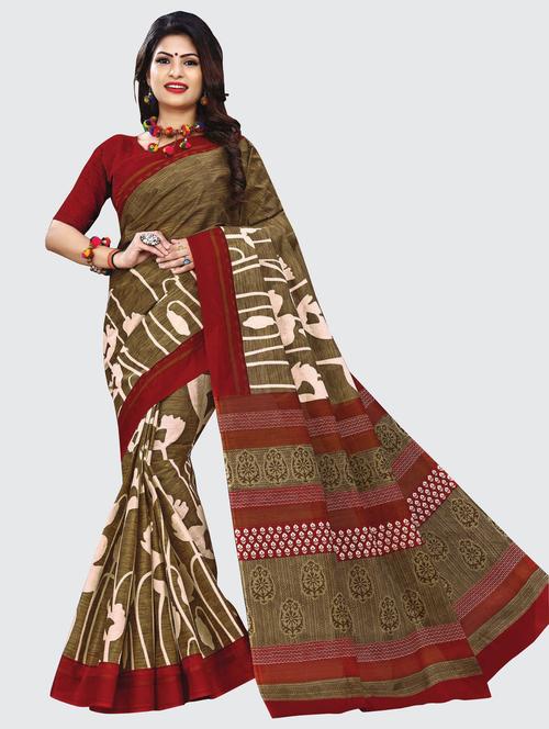 brown cotton printed saree with blouse - 18855036 - Very Small Image - 1