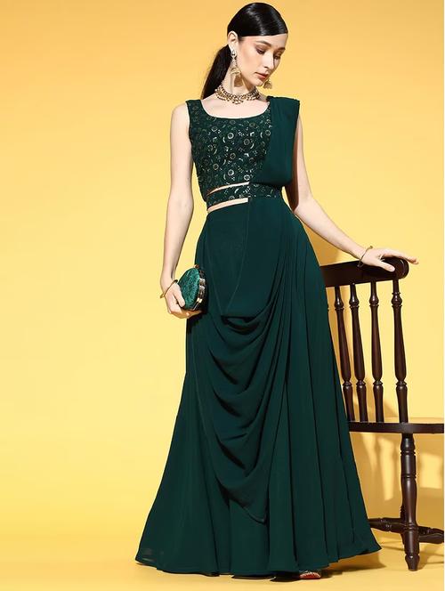 dark green coloured flared lehenga with mirror work - 18870031 - Very Small Image - 1