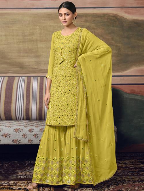 yellow sharara semi-stitched suit set - 18870193 - Very Small Image - 1
