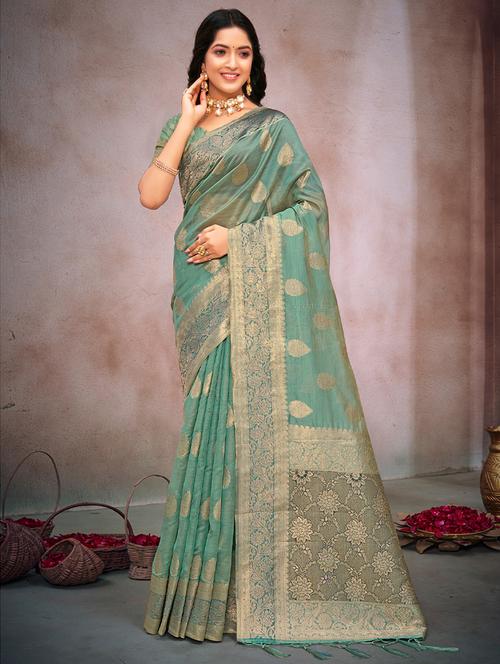 sky blue cotton blend saree - 18875233 - Very Small Image - 1