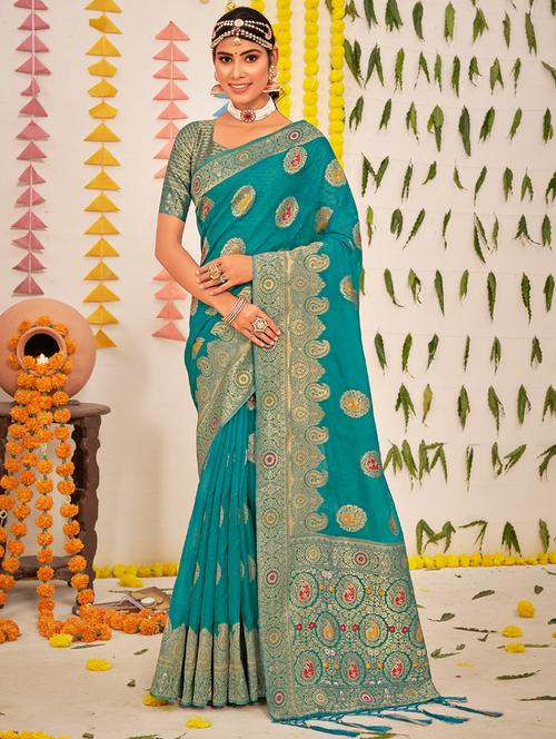 sky blue cotton blend saree - 18875239 - Very Small Image - 1