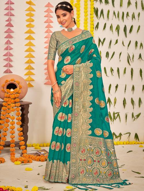 turquoise cotton blend saree - 18875243 - Very Small Image - 1