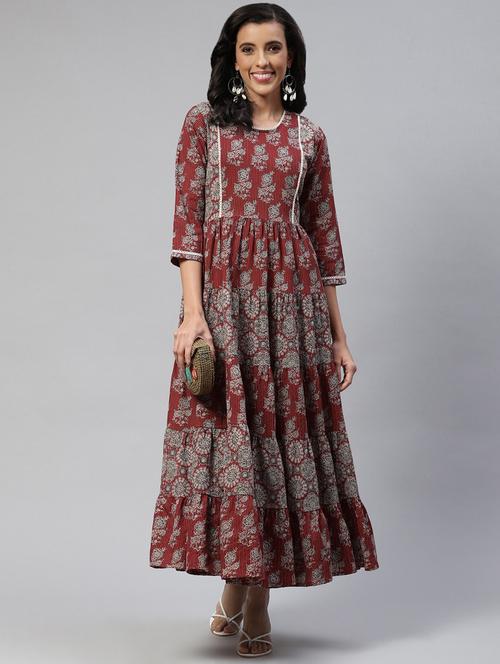red cotton fit & flare ethnic dress - 18875363 - Very Small Image - 1