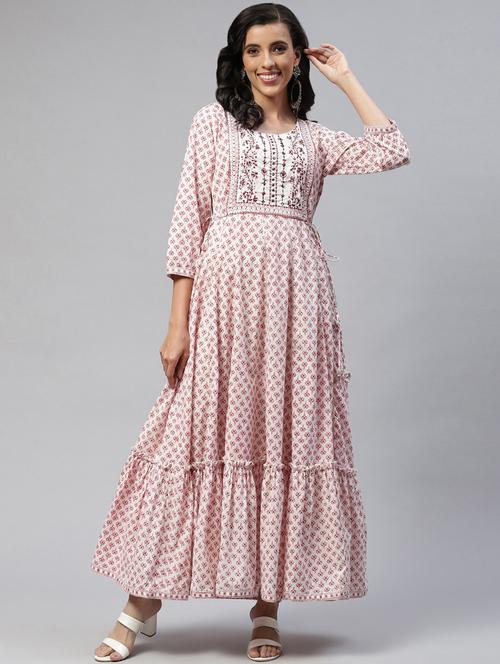 cream cotton fit & flare ethnic dress - 18875372 - Very Small Image - 1
