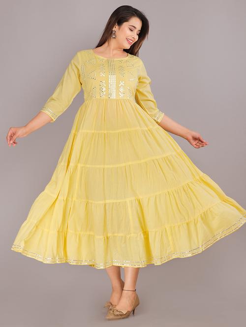 yellow cotton tiered ethnic dress - 18875523 - Very Small Image - 1