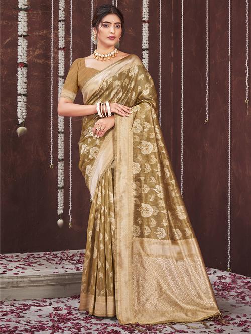 olive organza saree - 18875591 - Very Small Image - 1