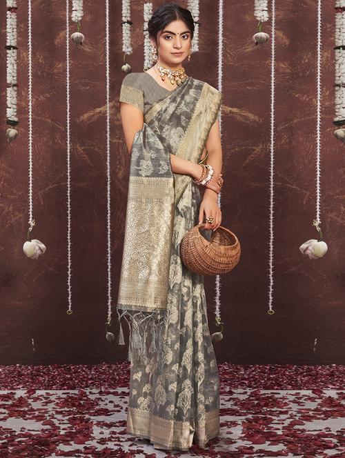 grey organza saree - 18875592 - Very Small Image - 1