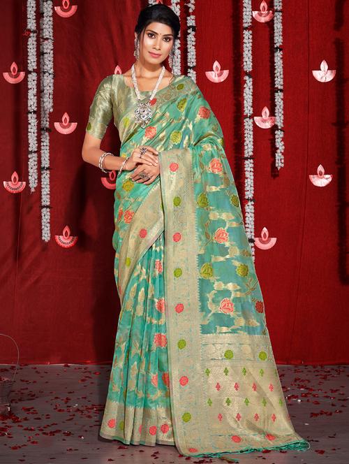 sky blue organza saree - 18875598 - Very Small Image - 1