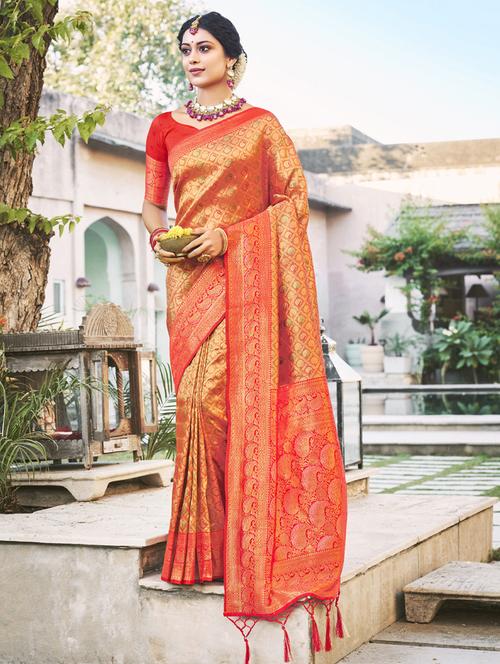 orange silk saree - 18875617 - Very Small Image - 1