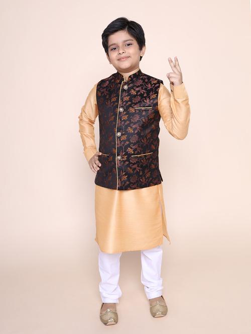 boys solid kurta pyjama set with printed nehru jacket - 18875928 - Very Small Image - 1